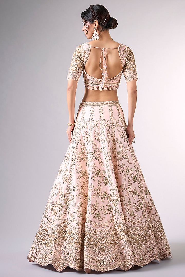 Pink Raw Silk Cutdana & Moti Work Bridal Lehenga Set by Pallavi Poddar (India) at Pernia's Pop Up Shop