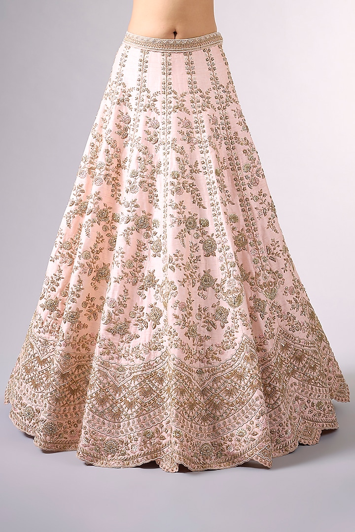 Pink Raw Silk Cutdana & Moti Work Bridal Lehenga Set by Pallavi Poddar (India) at Pernia's Pop Up Shop