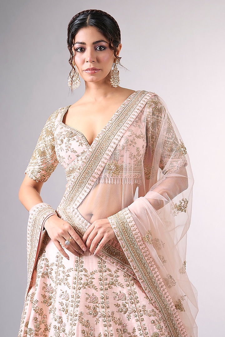 Pink Raw Silk Cutdana & Moti Work Bridal Lehenga Set by Pallavi Poddar (India) at Pernia's Pop Up Shop