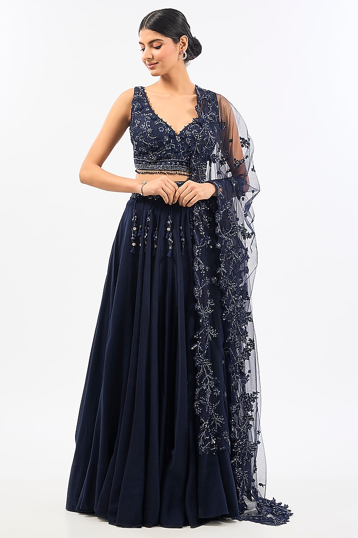 Blue Chanderi Embroidered Wedding Lehenga Set by Pallavi Poddar (India) at Pernia's Pop Up Shop