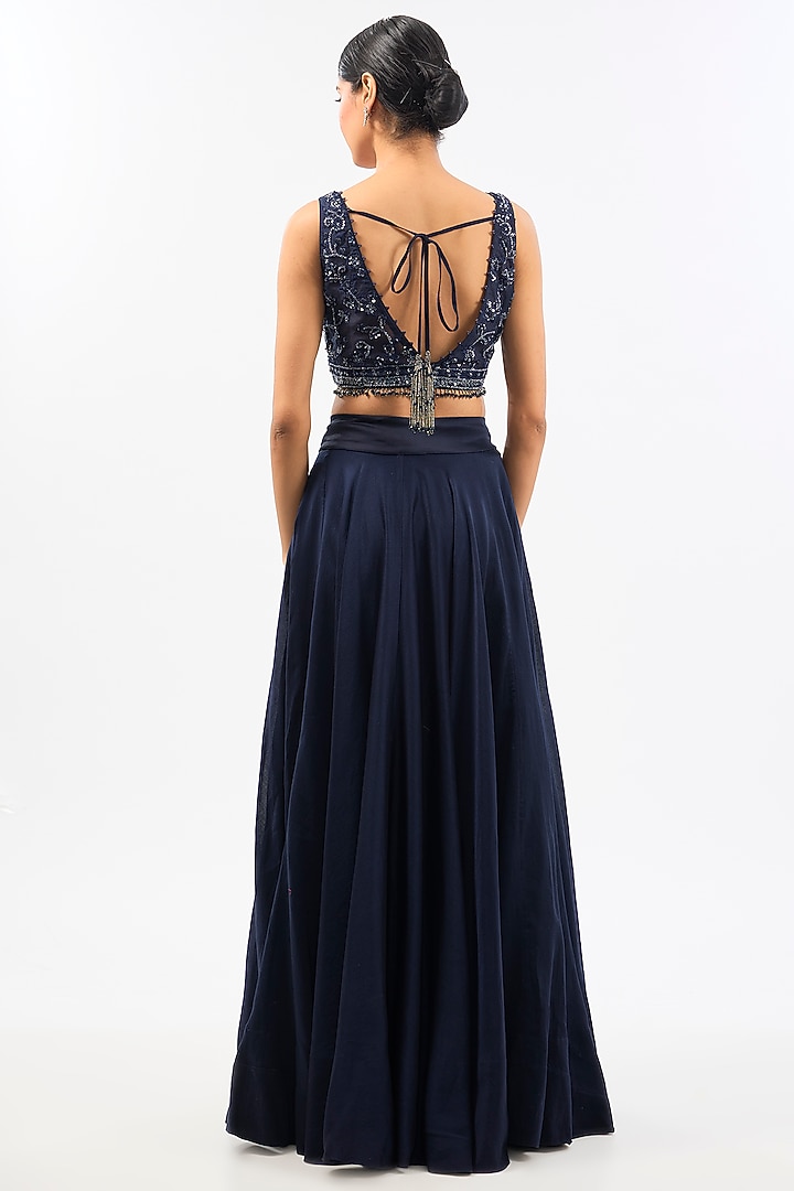 Blue Chanderi Embroidered Wedding Lehenga Set by Pallavi Poddar (India) at Pernia's Pop Up Shop