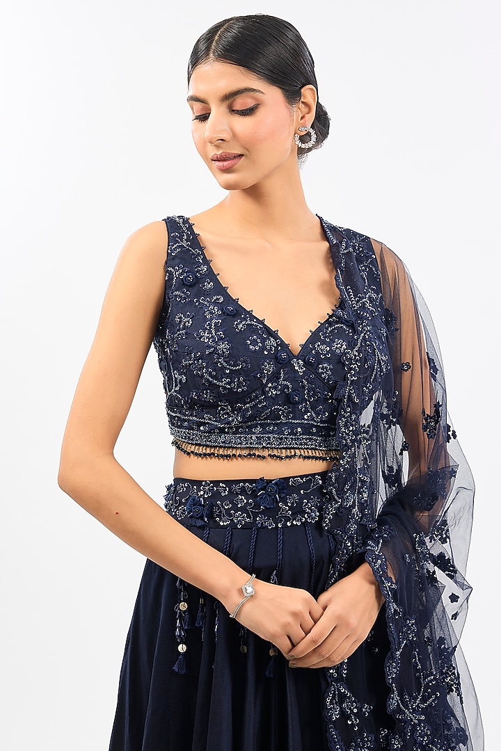 Blue Chanderi Embroidered Wedding Lehenga Set by Pallavi Poddar (India) at Pernia's Pop Up Shop