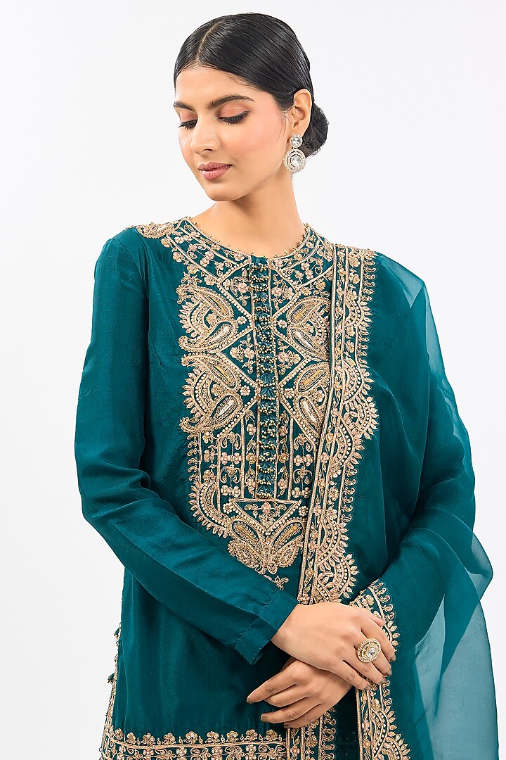 Green Dupion Wedding Sharara Set by Pallavi Poddar (India) at Pernia's Pop Up Shop