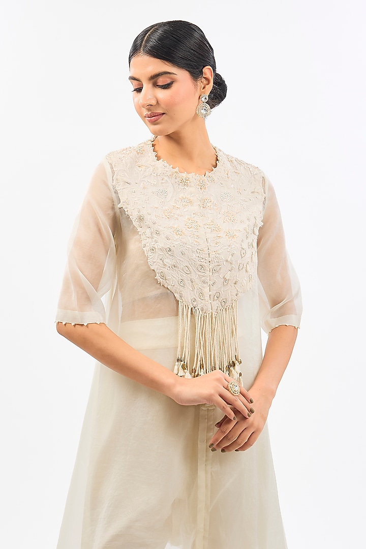 Ivory Cape Dupion & Organza Pearl Work Cape Set by Pallavi Poddar (India) at Pernia's Pop Up Shop