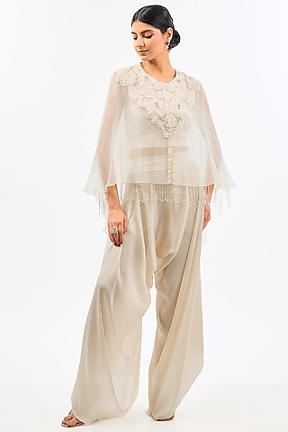 Ivory Cape Dupion & Organza Pearl Work Cape Set by Pallavi Poddar (India)