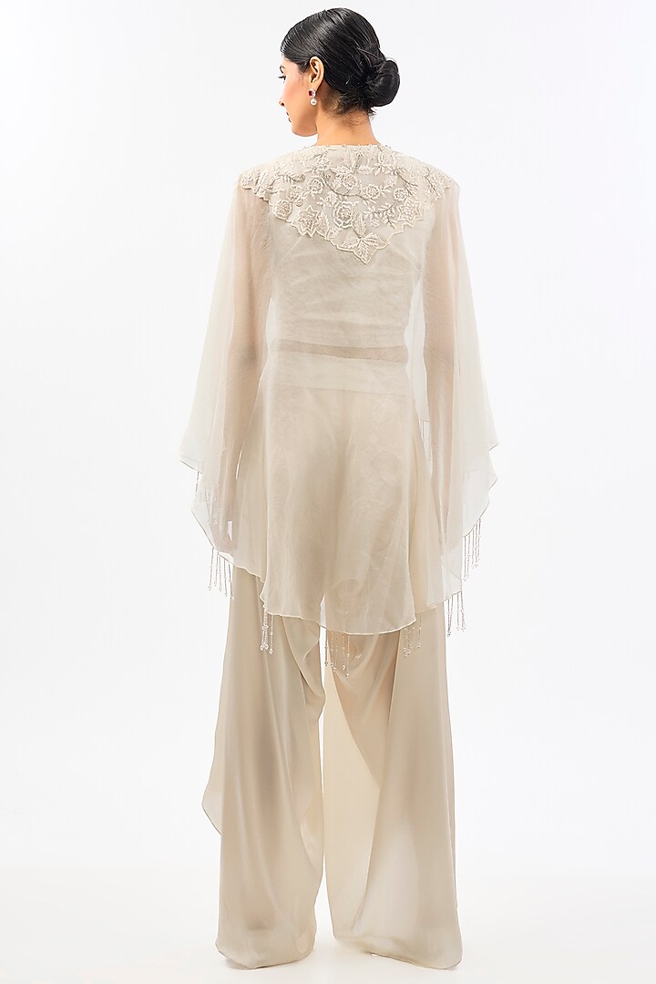 Ivory Cape Dupion & Organza Pearl Work Cape Set by Pallavi Poddar (India) at Pernia's Pop Up Shop