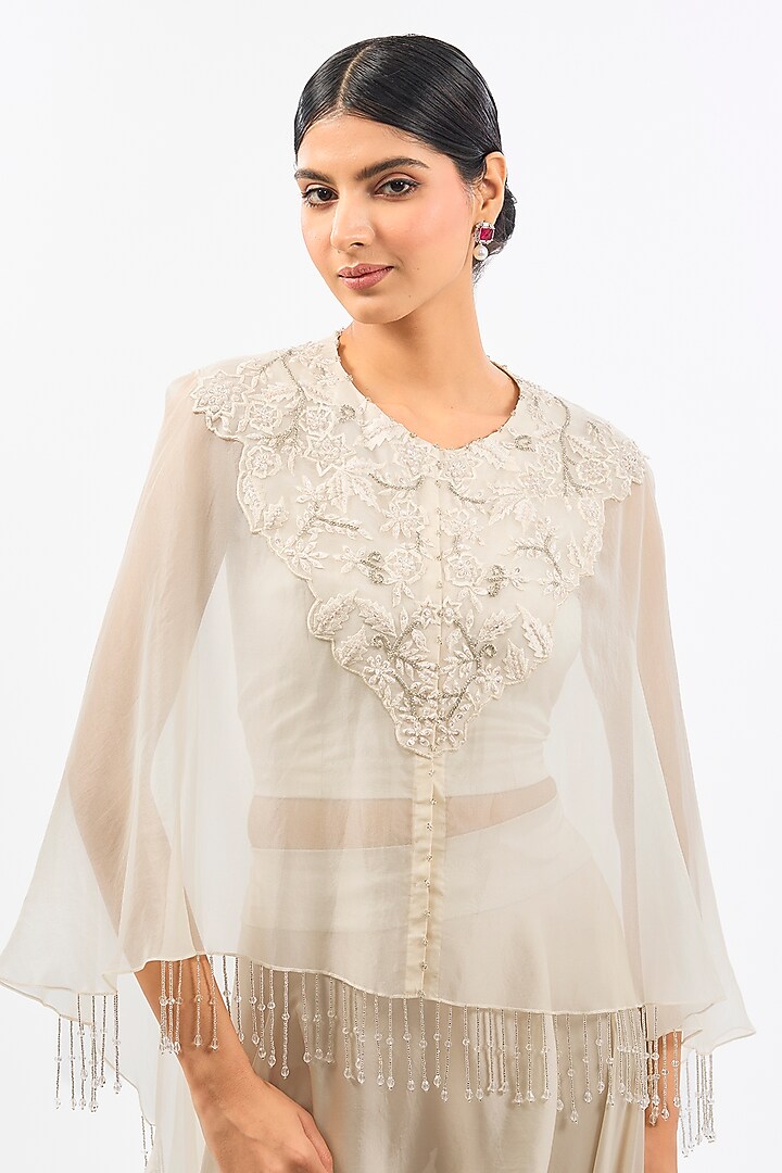 Ivory Cape Dupion & Organza Pearl Work Cape Set by Pallavi Poddar (India) at Pernia's Pop Up Shop