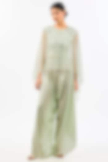 Green Cape Dupion & Organza Pearl Work Cape Set by Pallavi Poddar (India) at Pernia's Pop Up Shop