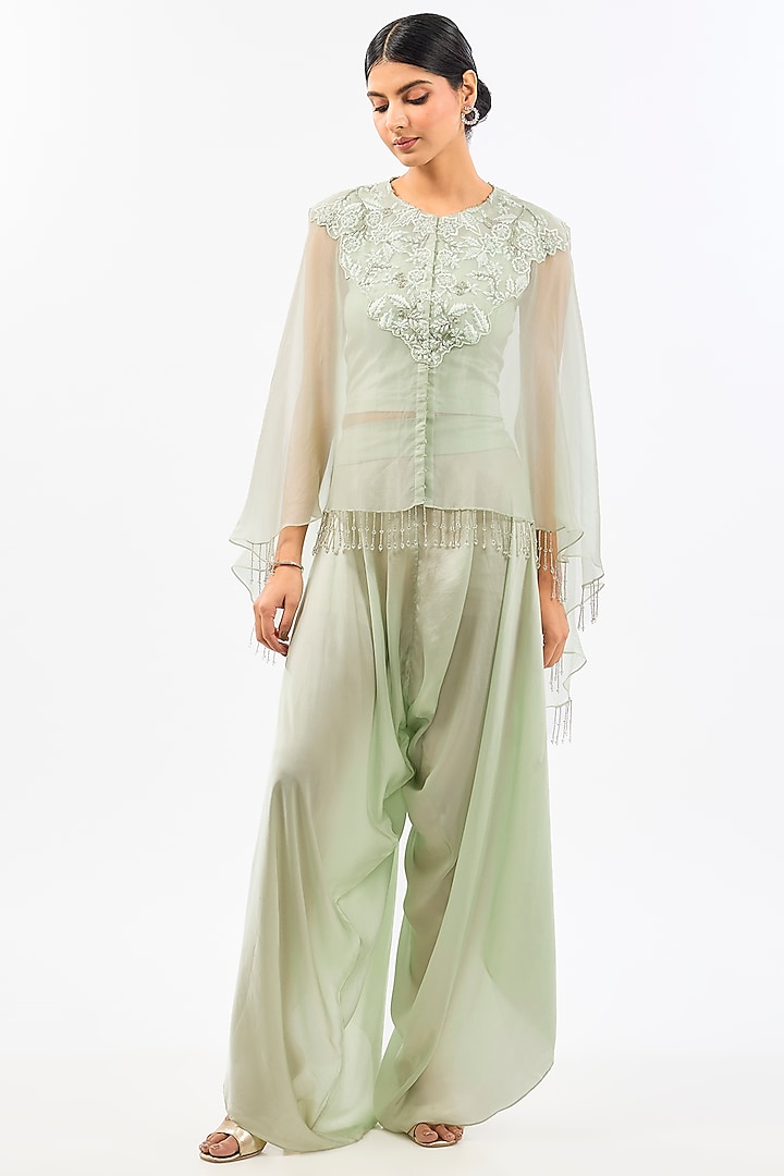 Green Cape Dupion & Organza Pearl Work Cape Set by Pallavi Poddar (India) at Pernia's Pop Up Shop