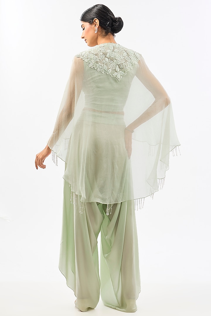 Green Cape Dupion & Organza Pearl Work Cape Set by Pallavi Poddar (India) at Pernia's Pop Up Shop