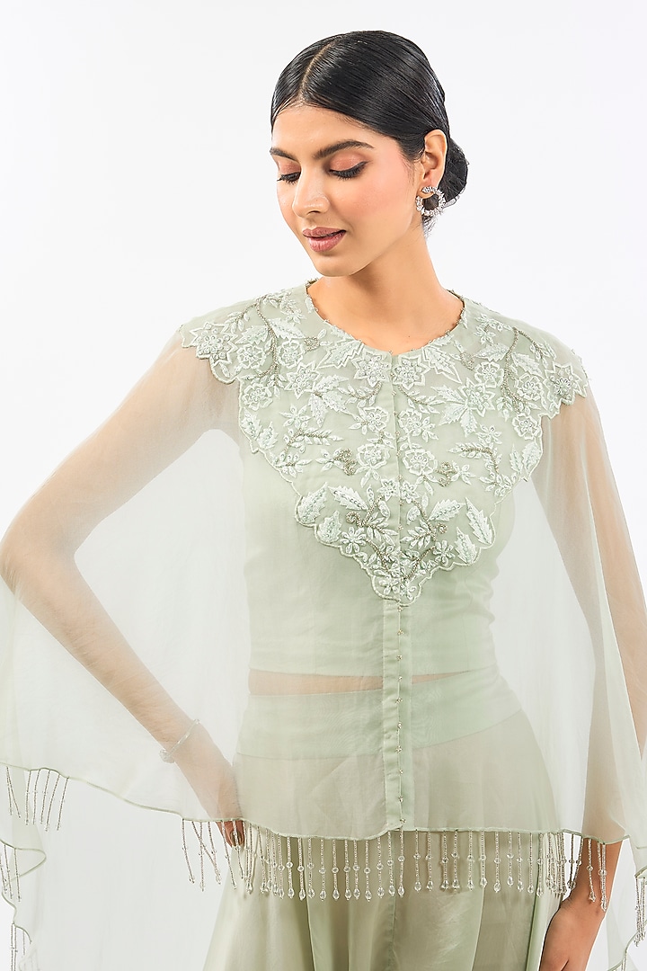 Green Cape Dupion & Organza Pearl Work Cape Set by Pallavi Poddar (India) at Pernia's Pop Up Shop