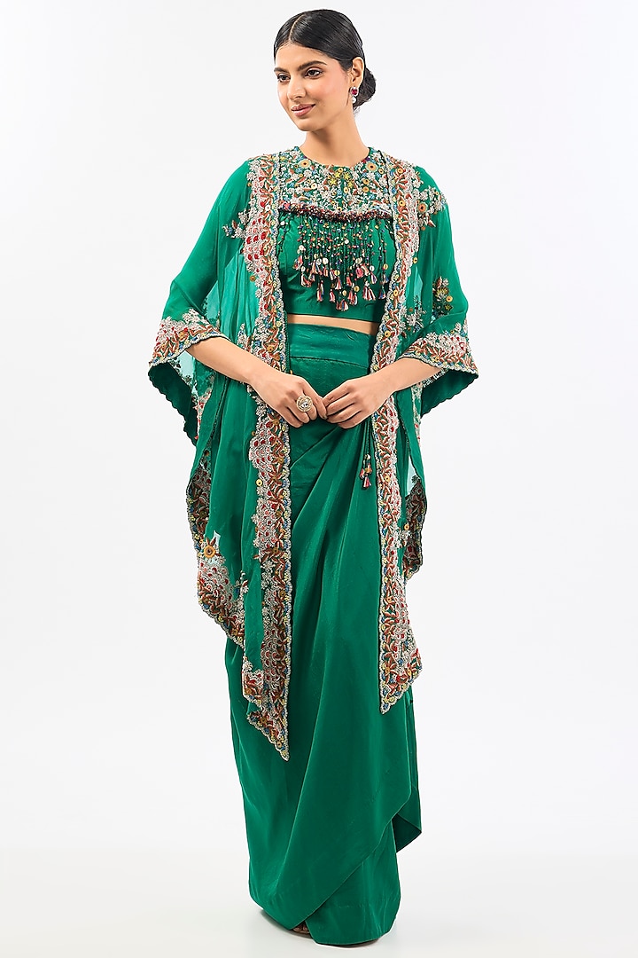 Green Dupion Cape Set by Pallavi Poddar (India) at Pernia's Pop Up Shop