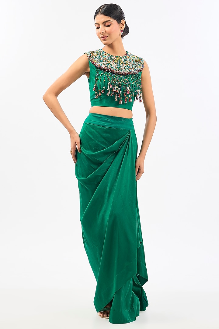 Green Dupion Cape Set by Pallavi Poddar (India) at Pernia's Pop Up Shop