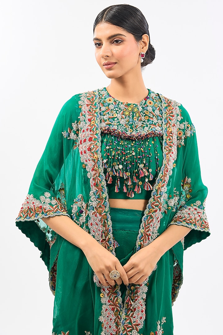Green Dupion Cape Set by Pallavi Poddar (India) at Pernia's Pop Up Shop