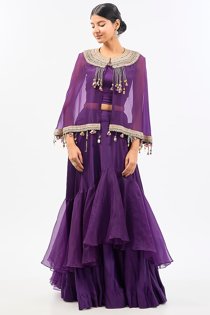 Purple Organza & Satin Skirt Set by Pallavi Poddar (India) at Pernia's Pop Up Shop