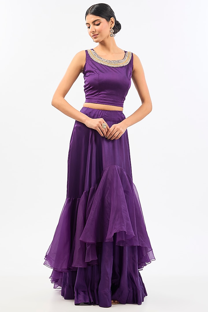 Purple Organza & Satin Skirt Set by Pallavi Poddar (India) at Pernia's Pop Up Shop