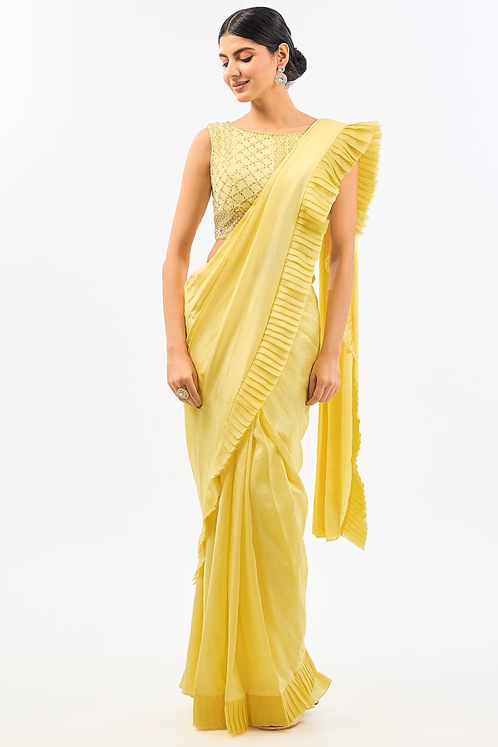 Yellow Dupion Draped Saree Set by Pallavi Poddar (India) at Pernia's Pop Up Shop