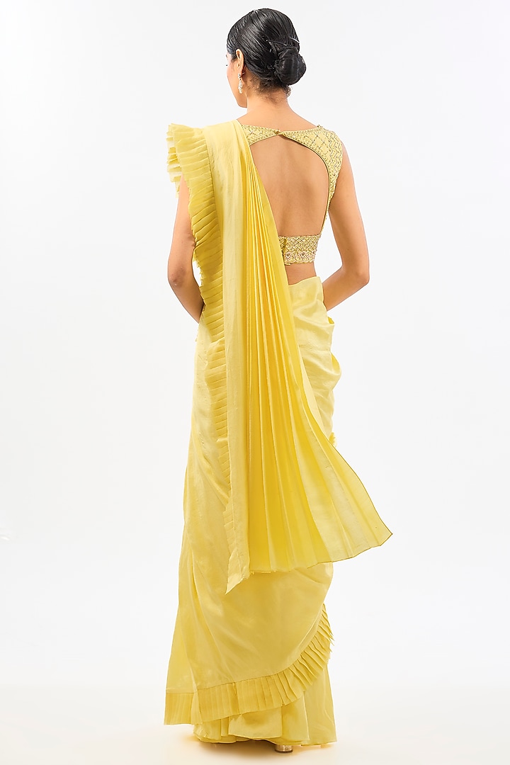 Yellow Dupion Draped Wedding Saree Set by Pallavi Poddar (India) at Pernia's Pop Up Shop