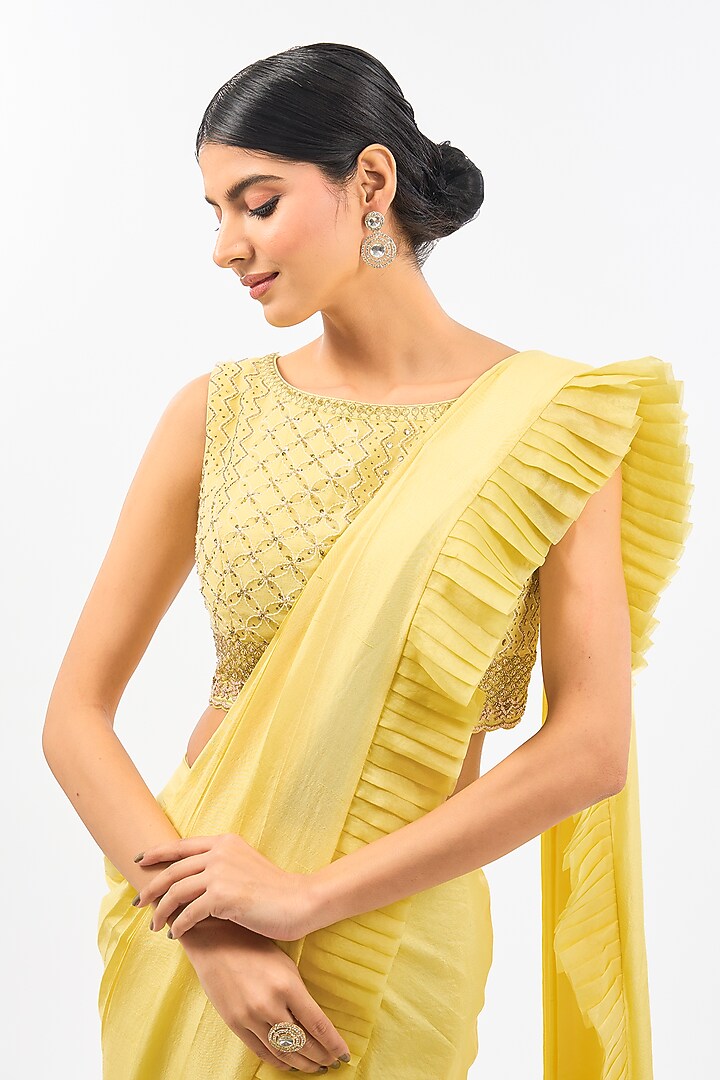 Yellow Dupion Draped Wedding Saree Set by Pallavi Poddar (India) at Pernia's Pop Up Shop