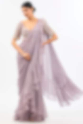 Lavender Georgette Draped Saree Set by Pallavi Poddar (India) at Pernia's Pop Up Shop