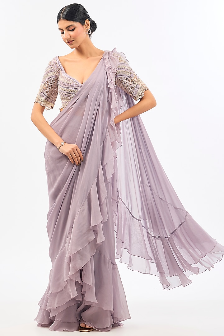 Lavender Georgette Draped Saree Set by Pallavi Poddar (India) at Pernia's Pop Up Shop