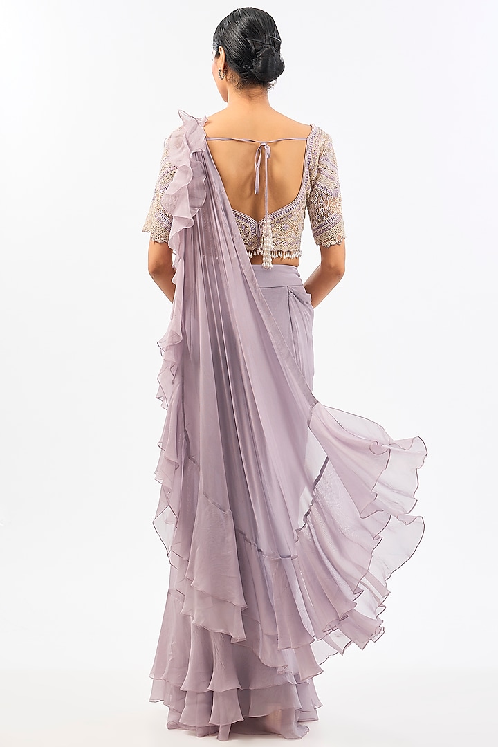 Lavender Georgette Draped Wedding Saree Set by Pallavi Poddar (India) at Pernia's Pop Up Shop