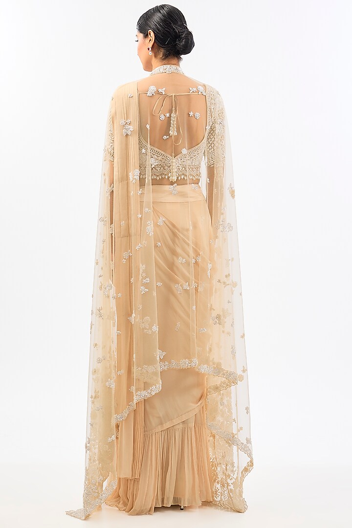 Beige Georgette Draped Jacket Wedding Saree Set by Pallavi Poddar (India) at Pernia's Pop Up Shop
