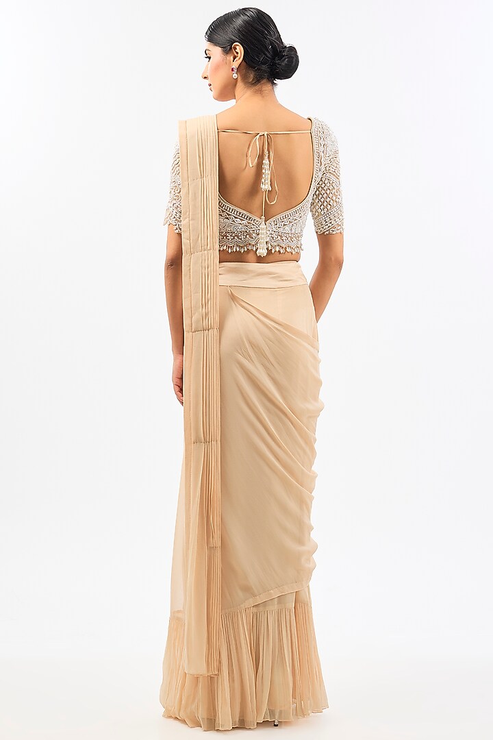 Beige Georgette Draped Jacket Wedding Saree Set by Pallavi Poddar (India) at Pernia's Pop Up Shop