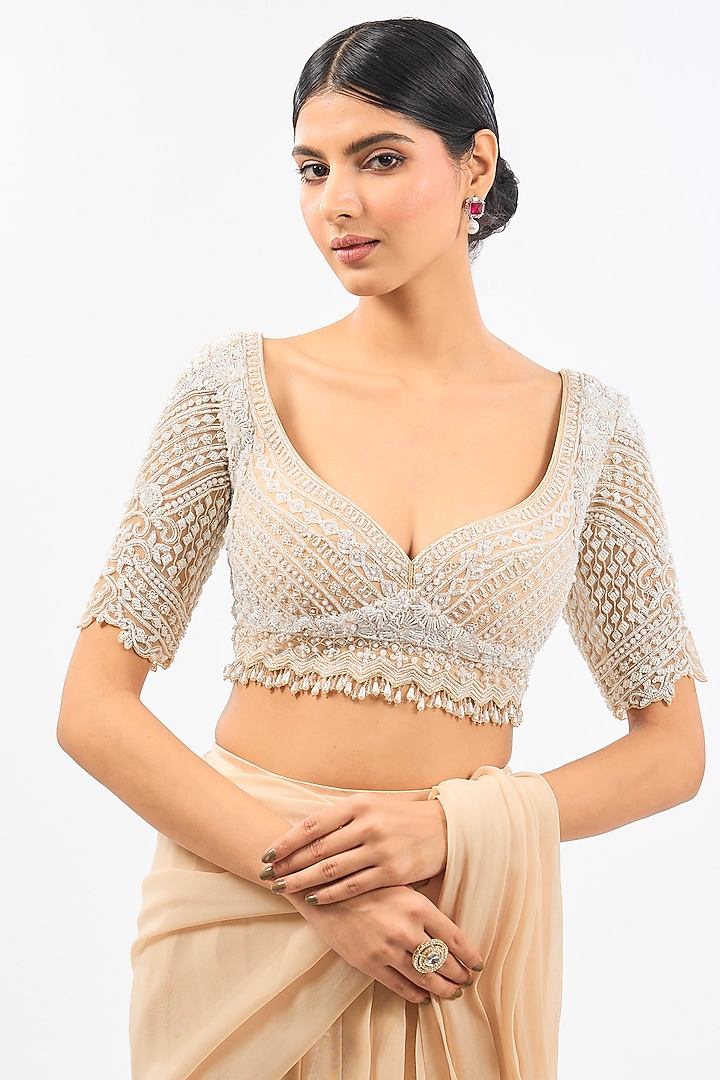 Beige Georgette Draped Jacket Wedding Saree Set by Pallavi Poddar (India) at Pernia's Pop Up Shop