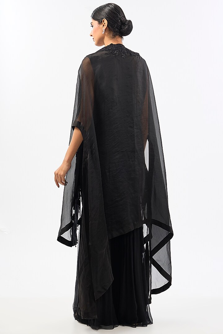 Black Organza Embroidered Cape Set by Pallavi Poddar (India) at Pernia's Pop Up Shop