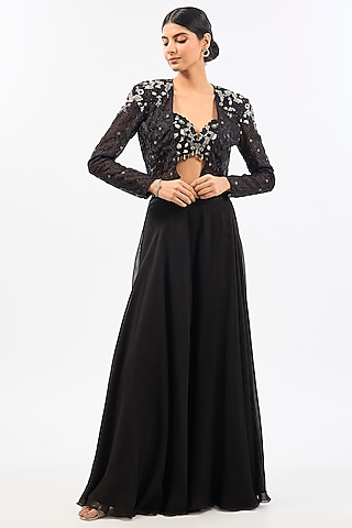 Black Organza Embroidered Short Jacket Set by Pallavi Poddar (India)