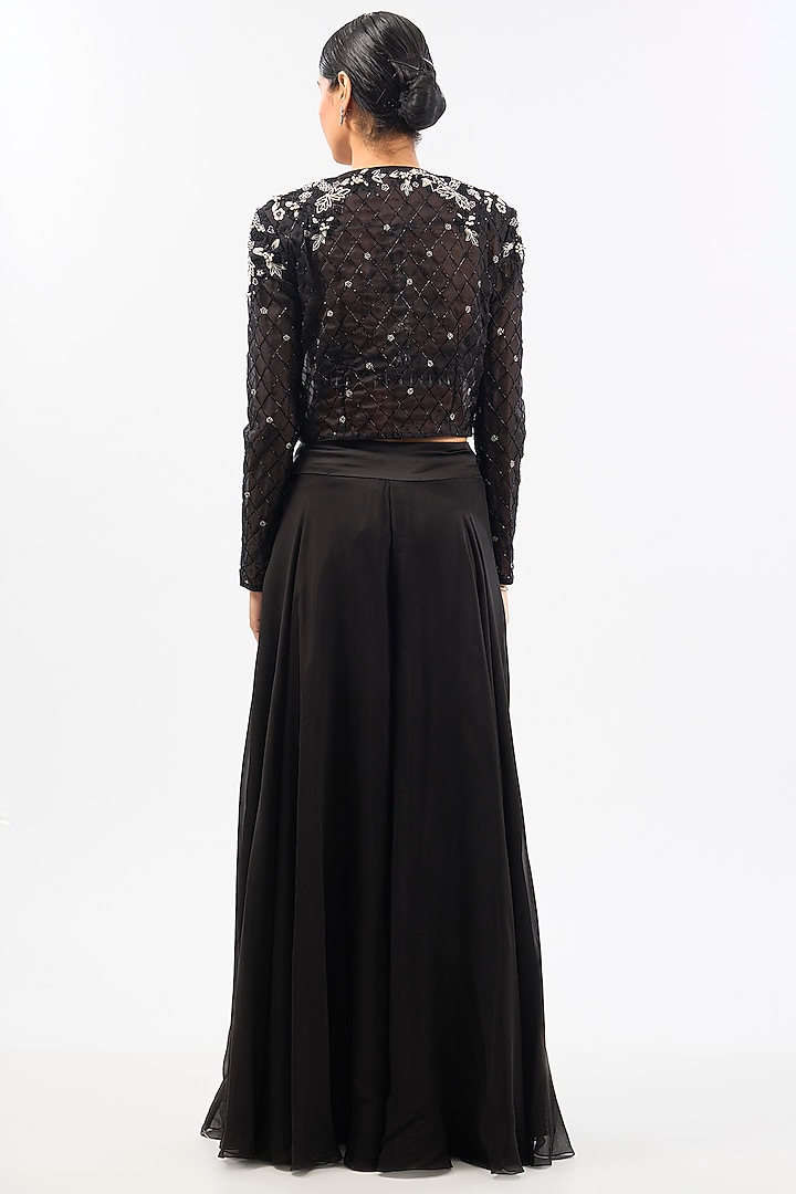 Black Organza Embroidered Short Jacket Set by Pallavi Poddar (India) at Pernia's Pop Up Shop