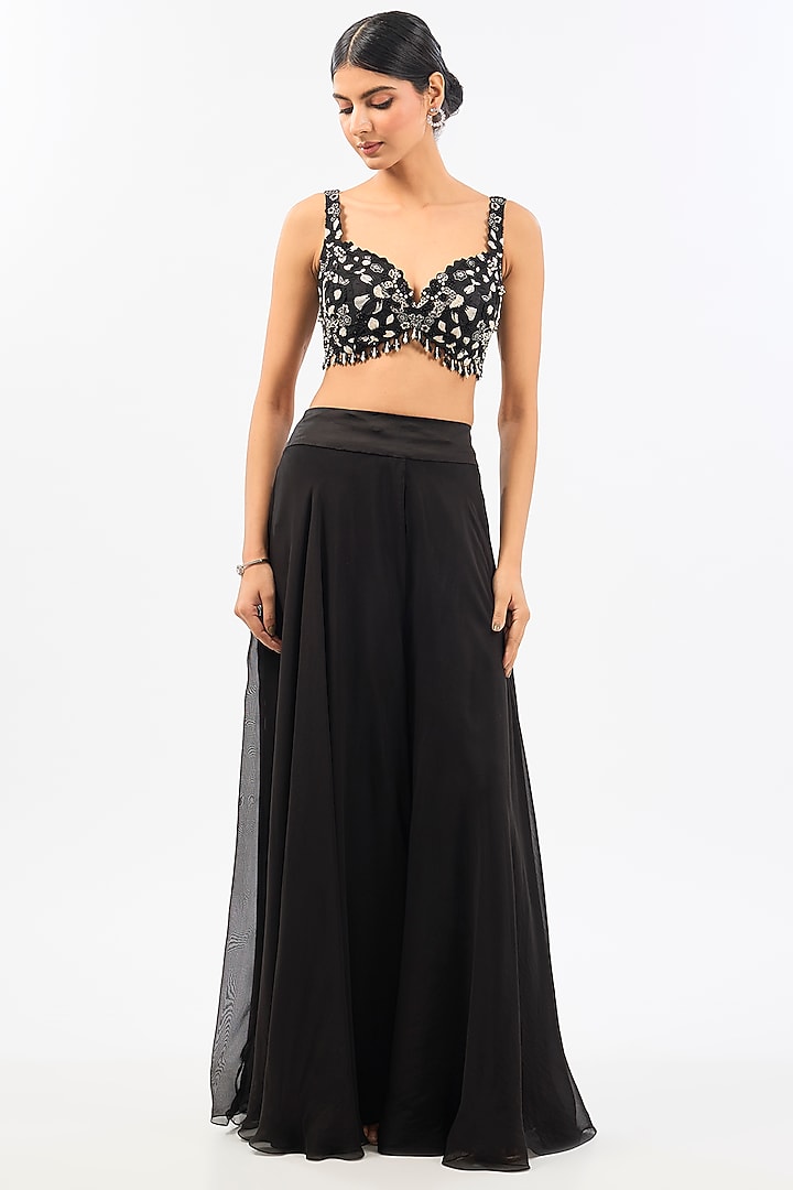 Black Organza Embroidered Short Jacket Set by Pallavi Poddar (India) at Pernia's Pop Up Shop