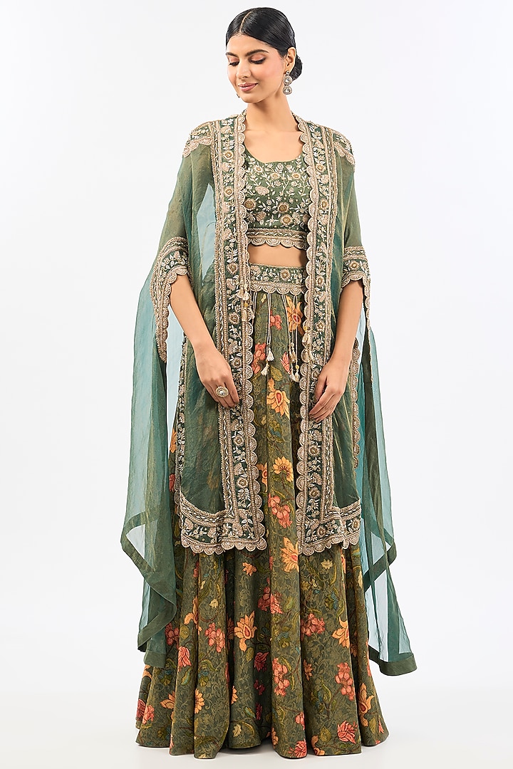 Green Chanderi Printed Skirt Set by Pallavi Poddar (India) at Pernia's Pop Up Shop