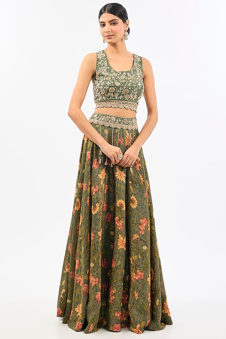 Green Chanderi Printed Skirt Set by Pallavi Poddar (India) at Pernia's Pop Up Shop