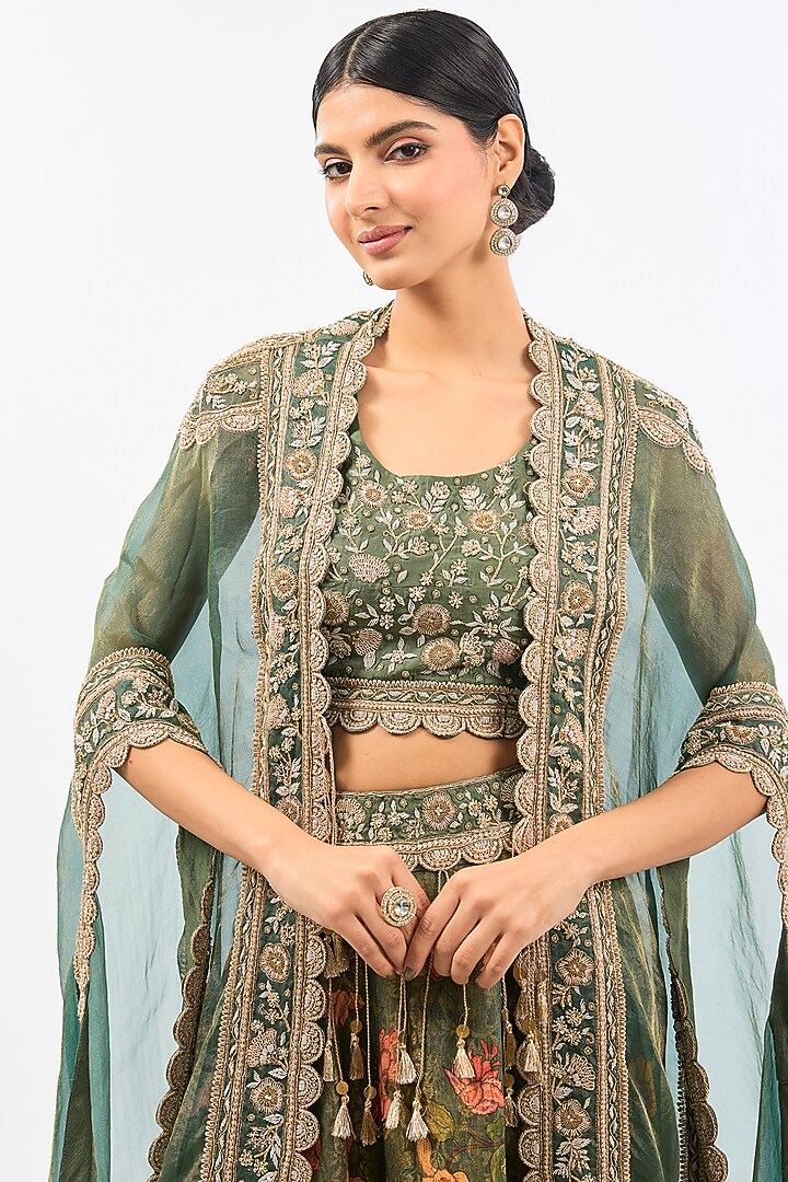 Green Chanderi Printed Skirt Set by Pallavi Poddar (India) at Pernia's Pop Up Shop