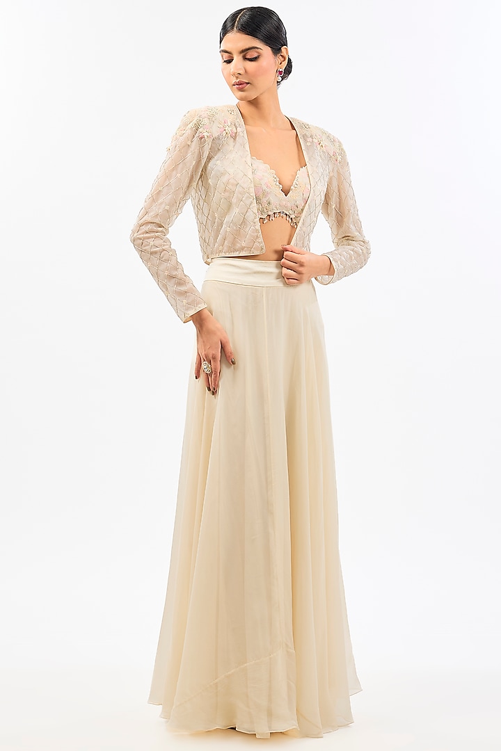 Ivory Organza Embroidered Short Jacket Set by Pallavi Poddar (India) at Pernia's Pop Up Shop