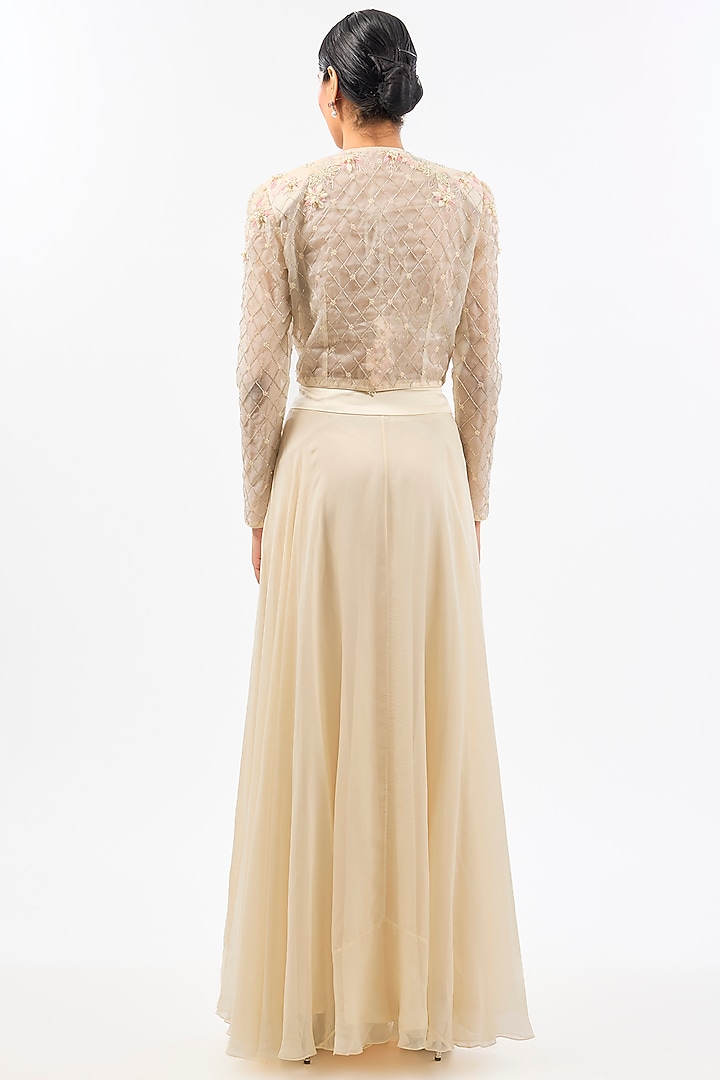 Ivory Organza Embroidered Short Jacket Set by Pallavi Poddar (India) at Pernia's Pop Up Shop