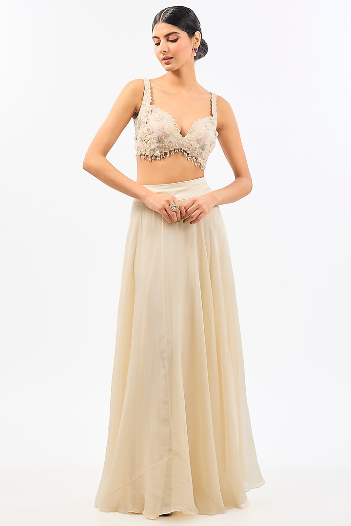 Ivory Organza Embroidered Short Jacket Set by Pallavi Poddar (India) at Pernia's Pop Up Shop