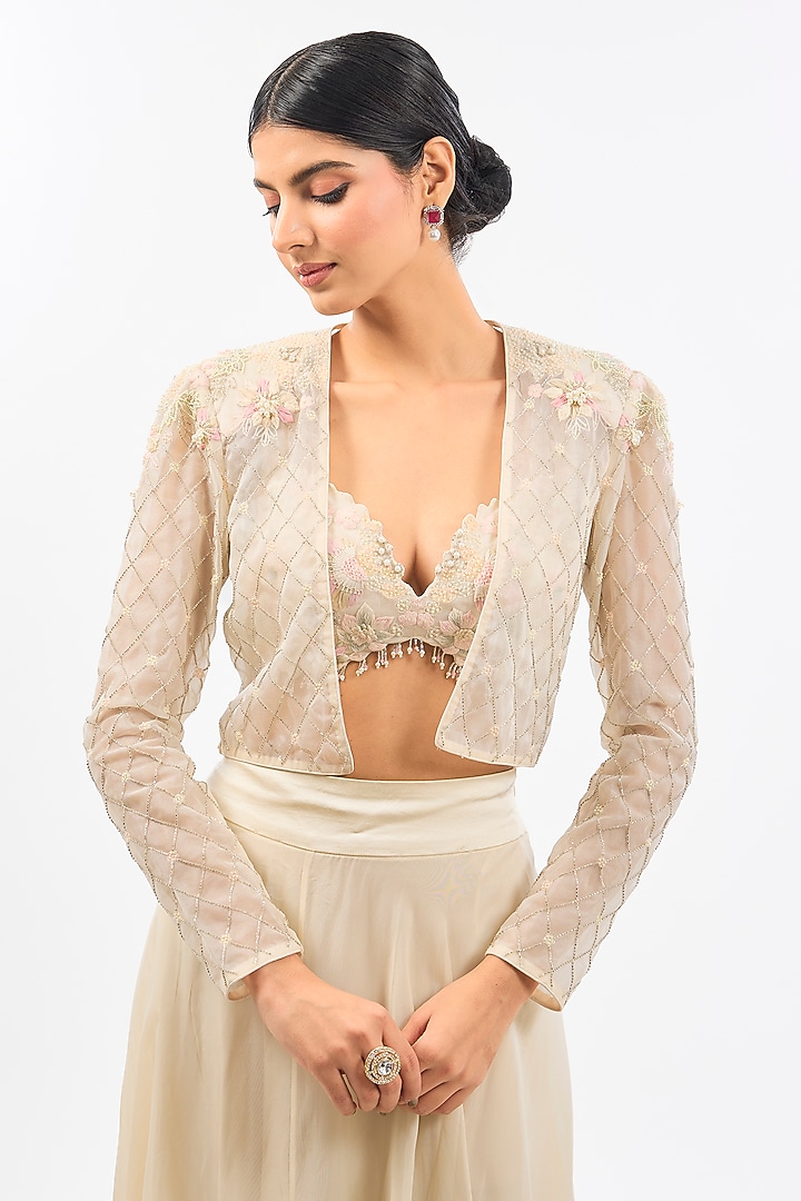 Ivory Organza Embroidered Short Jacket Set by Pallavi Poddar (India) at Pernia's Pop Up Shop
