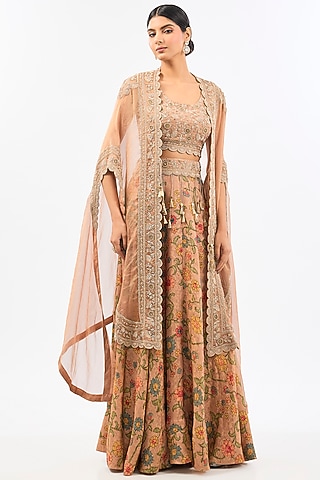 Peach Chanderi Printed Skirt Set by Pallavi Poddar (India)
