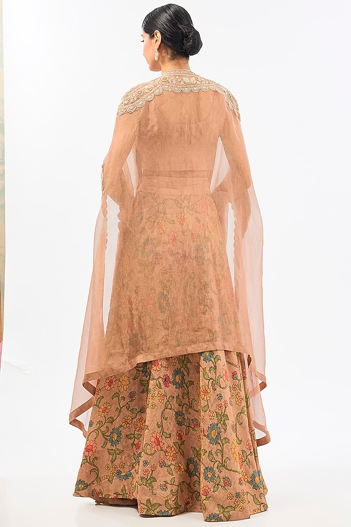 Peach Chanderi Printed Skirt Set by Pallavi Poddar (India) at Pernia's Pop Up Shop