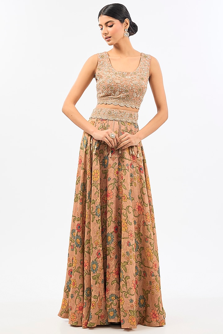 Peach Chanderi Printed Skirt Set by Pallavi Poddar (India) at Pernia's Pop Up Shop