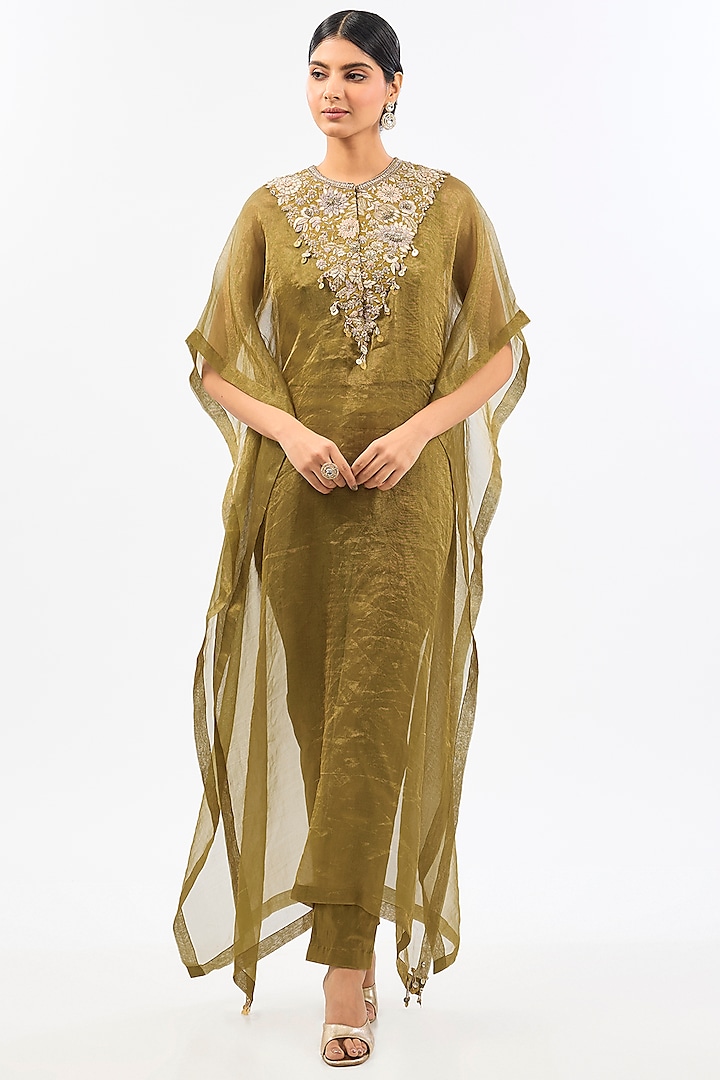 Green Tissue Organza Kaftan Set by Pallavi Poddar (India) at Pernia's Pop Up Shop