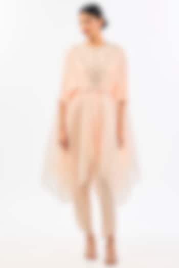 Peach Pink Dupion & Organza Floral Cape Set by Pallavi Poddar (India) at Pernia's Pop Up Shop