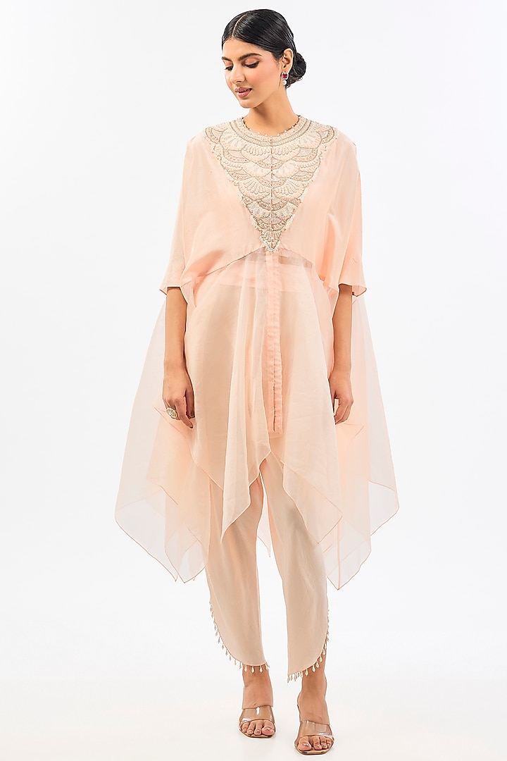 Peach Pink Dupion & Organza Floral Cape Set by Pallavi Poddar (India) at Pernia's Pop Up Shop