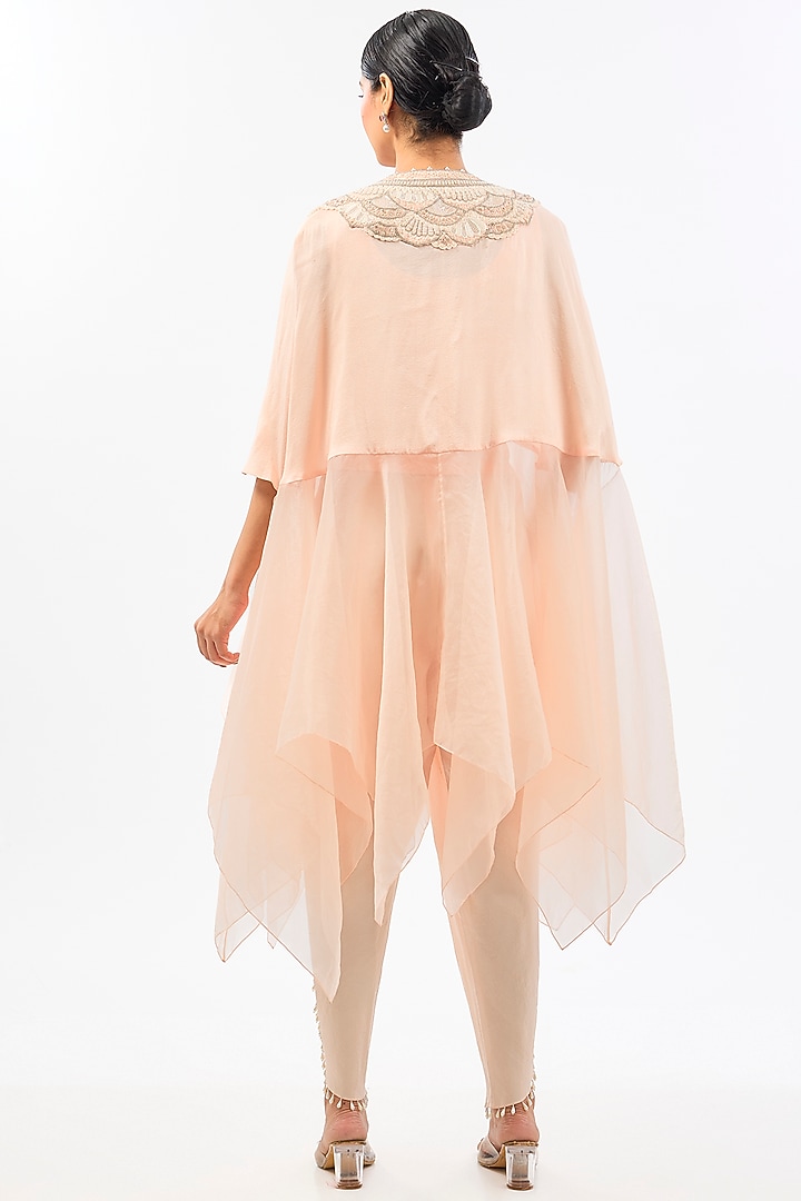 Peach Pink Dupion & Organza Floral Cape Set by Pallavi Poddar (India) at Pernia's Pop Up Shop