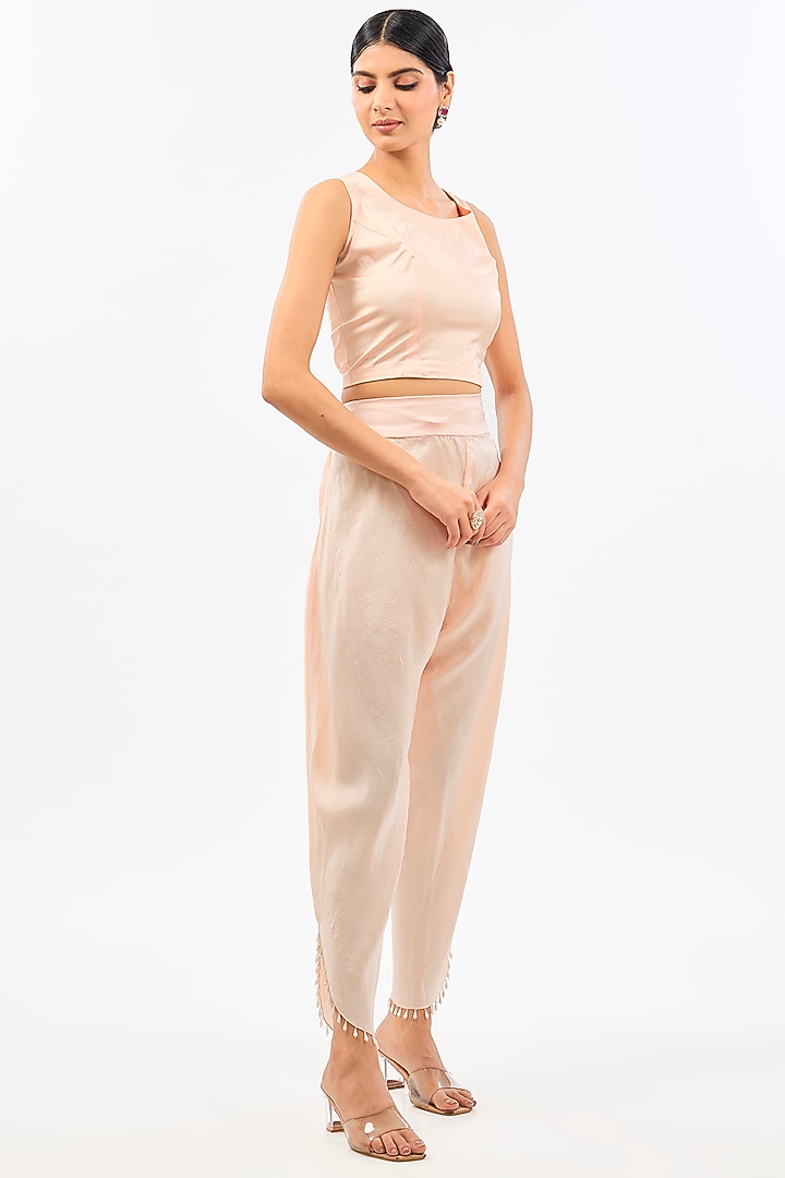 Peach Pink Dupion & Organza Floral Cape Set by Pallavi Poddar (India) at Pernia's Pop Up Shop