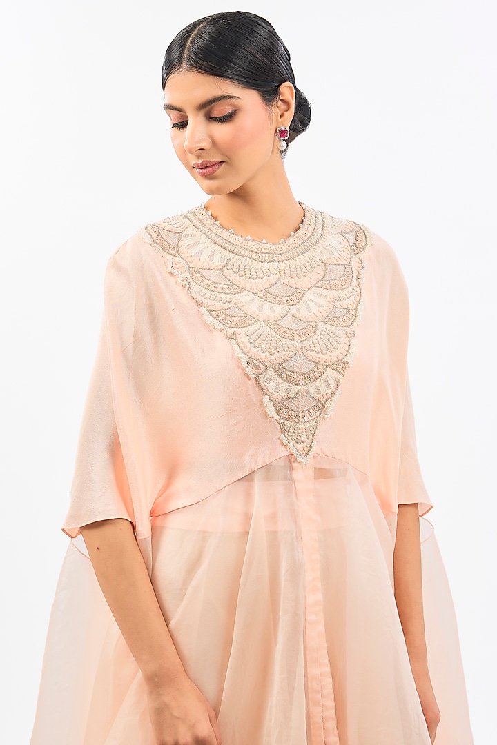 Peach Pink Dupion & Organza Floral Cape Set by Pallavi Poddar (India) at Pernia's Pop Up Shop