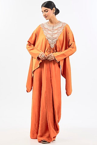 Orange Satin Dhoti Skirt Set by Pallavi Poddar (India)